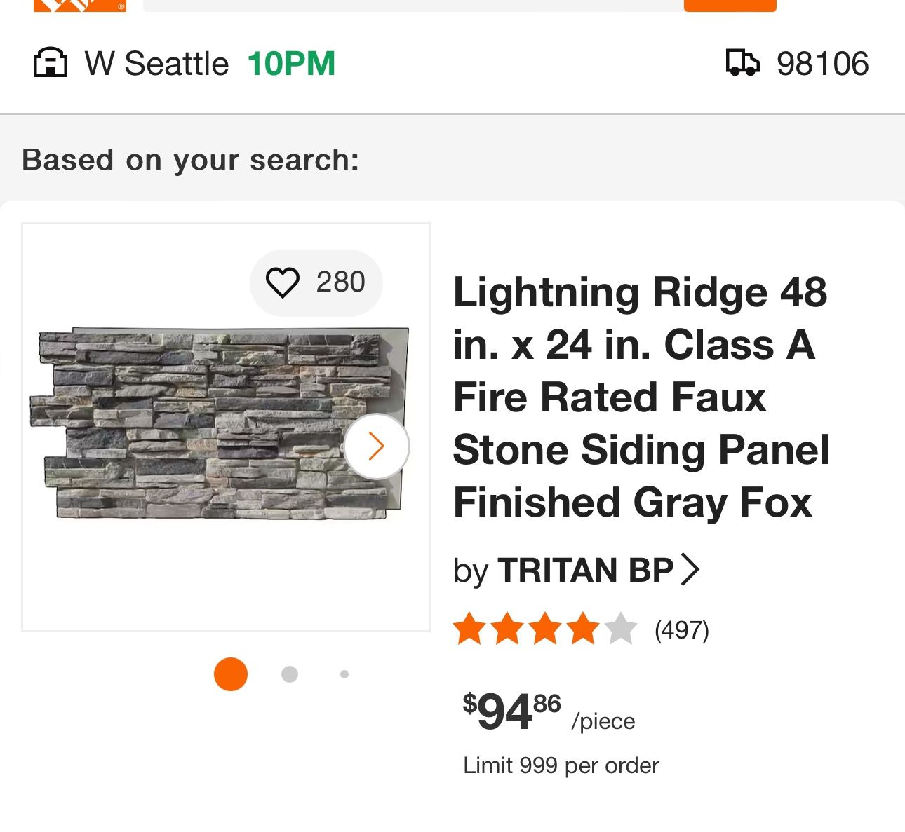 Lightning Ridge 48 in. x 24 in. Class A Fire Rated Faux Stone Siding Panel Finished Gray Fox