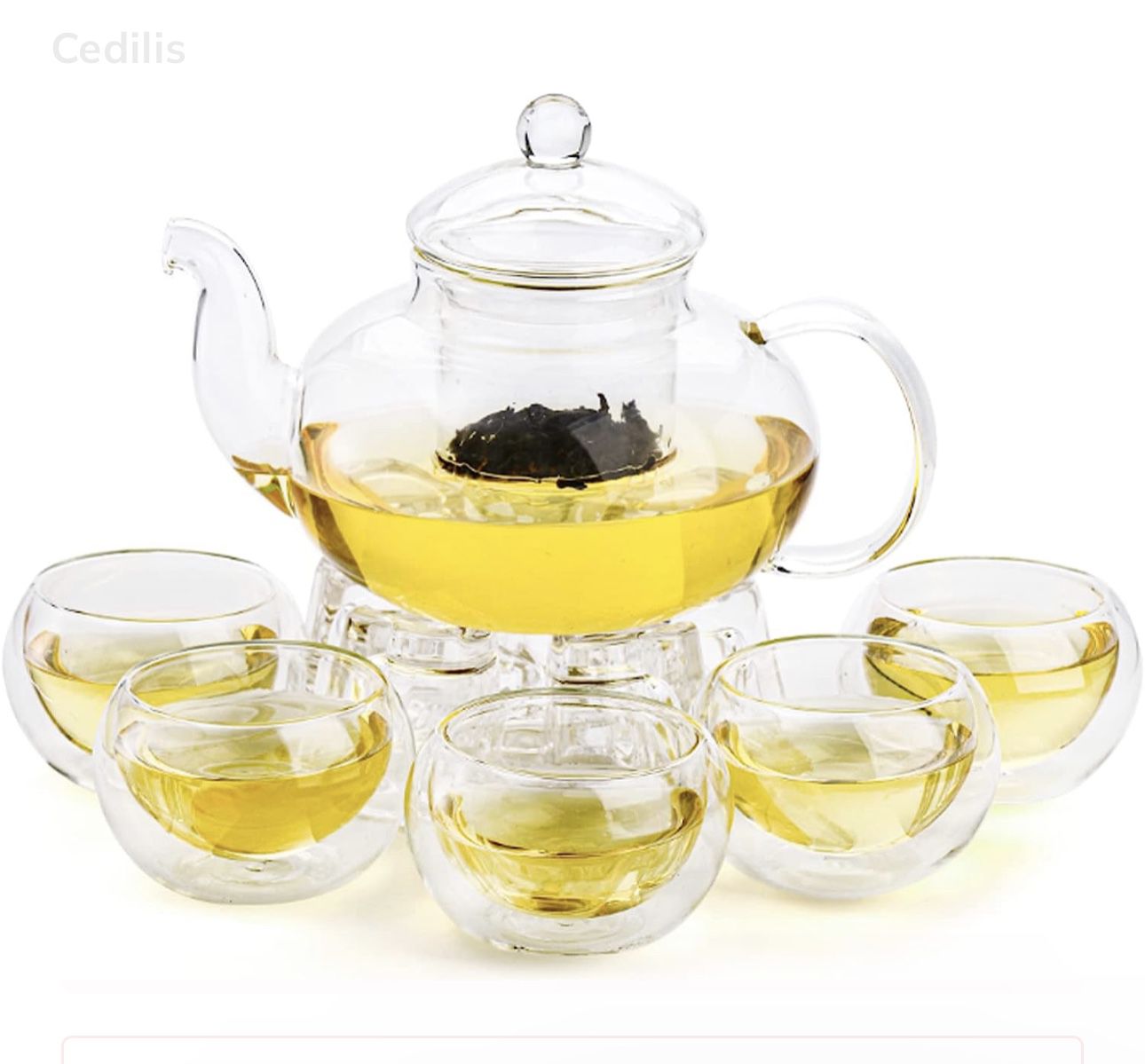 Cedilis 8pc 33oz Glass Teapot Set, Tea Kettle Infuser with a Candle Warmer, 5 Double Wall Cups and a Removable Strainer, Stovetop Safe, Tea Pot with B