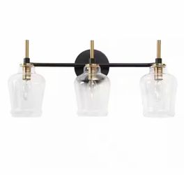 3-Light Brass and Black Bathroom Vanity Light