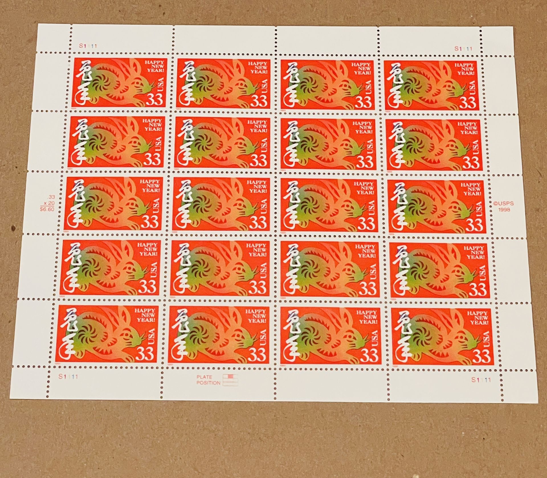 1999 Chinese Year of the Rabbit 33 cent stamps Sheet of 20