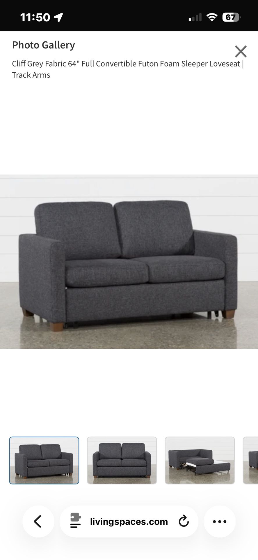 Living Spaces Cliff Grey Fabric 64" Full Convertible Futon Foam Sleeper Loveseat | Track Arms