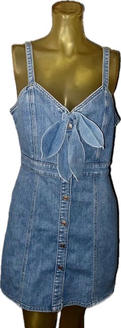 7 For all Mankind Denim Dress Size L Blue 7 button spaghetti strap bow summer