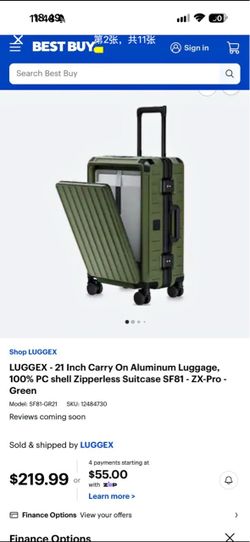 LUGGEX - 21 Inch Carry On Aluminum Luggage, 100% PC shell Zipperless Suitcase SF81 - ZX-Pro - Green