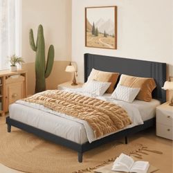 Wingback Bed Frame - King Platform Bed with Storage & Upholstered Headboard, Dark Grey