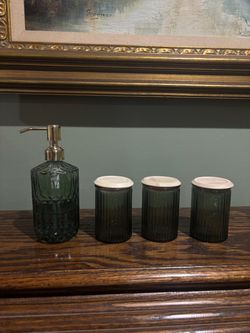 Green Glass Soap Dispenser and Canister Set