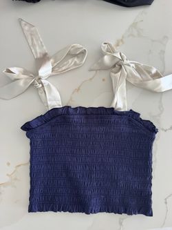 Katie J Navy Smocked Crop Top with Tie Straps