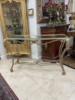 Superb Mid Century Scrolled Golden Brass Glass Top Console Table in Aged Brass Finish🌷