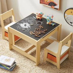Kids Wood Table & 2 Chairs Set, 3 in 1 Children Activity Table