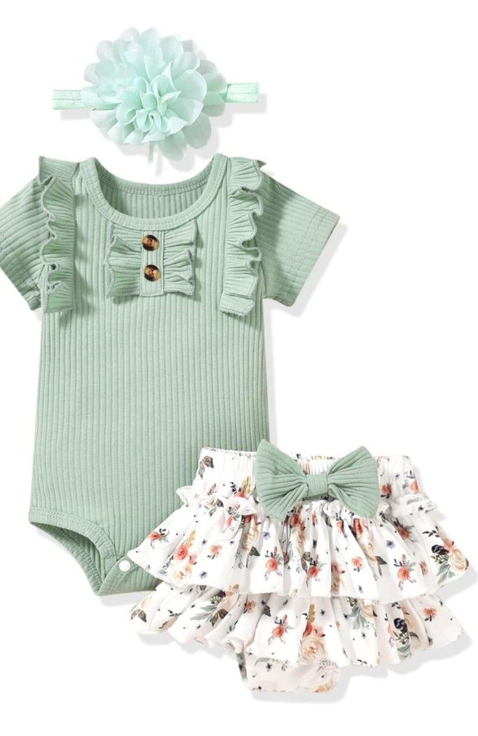 Sage Mint Green Newborn Baby Girl Outfit with Matching Headband β Worn Once