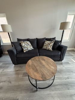 Living Room Set Dark CharcoalCouch Pillows Coffee Table And Lamps