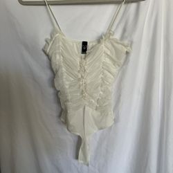 White, Mesh, Gathered, Lace Up Bodysuit, Size Small
