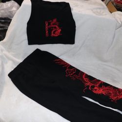 Kids Crop Top With Sweats Set Black With Red Dragón 