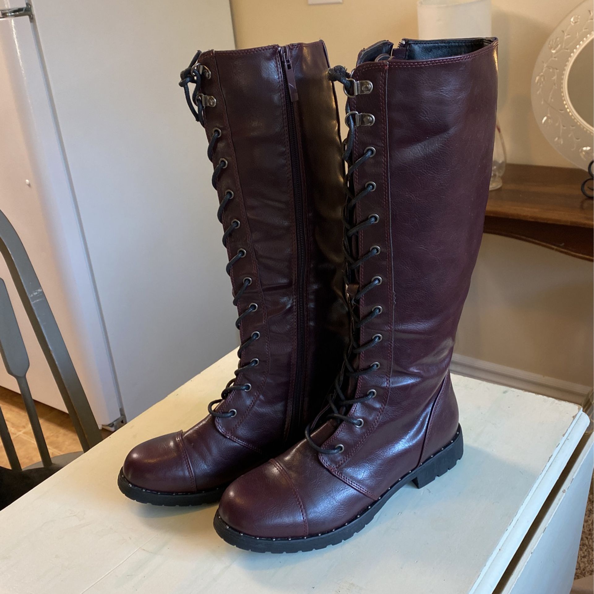 Burgundy Knee-High Boots With Zips On The Side