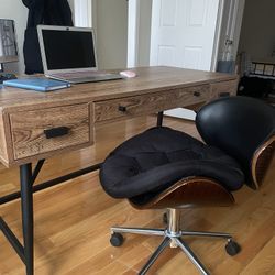Mid-Century Wood Desk + Adjustable Swivel Chair (Cushion Included) – Pickup Only