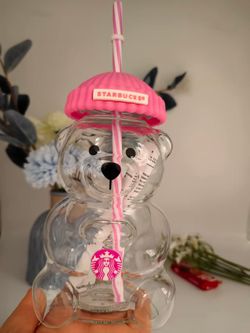 Starbuck Bearista Strawberry Bear Glass Jar Cold Cup With Straw