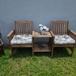 UNIQUE 2 WOODEN CHAIRS  AND ATTACHED TABLE!