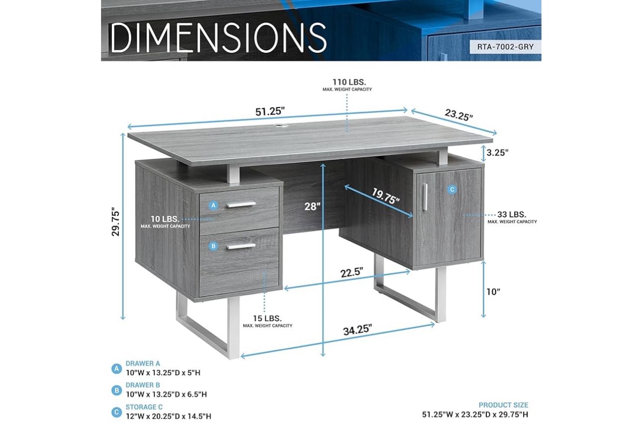 51'' Floating Rectangle Computer Desk with Drawers and Storage Cabinet 