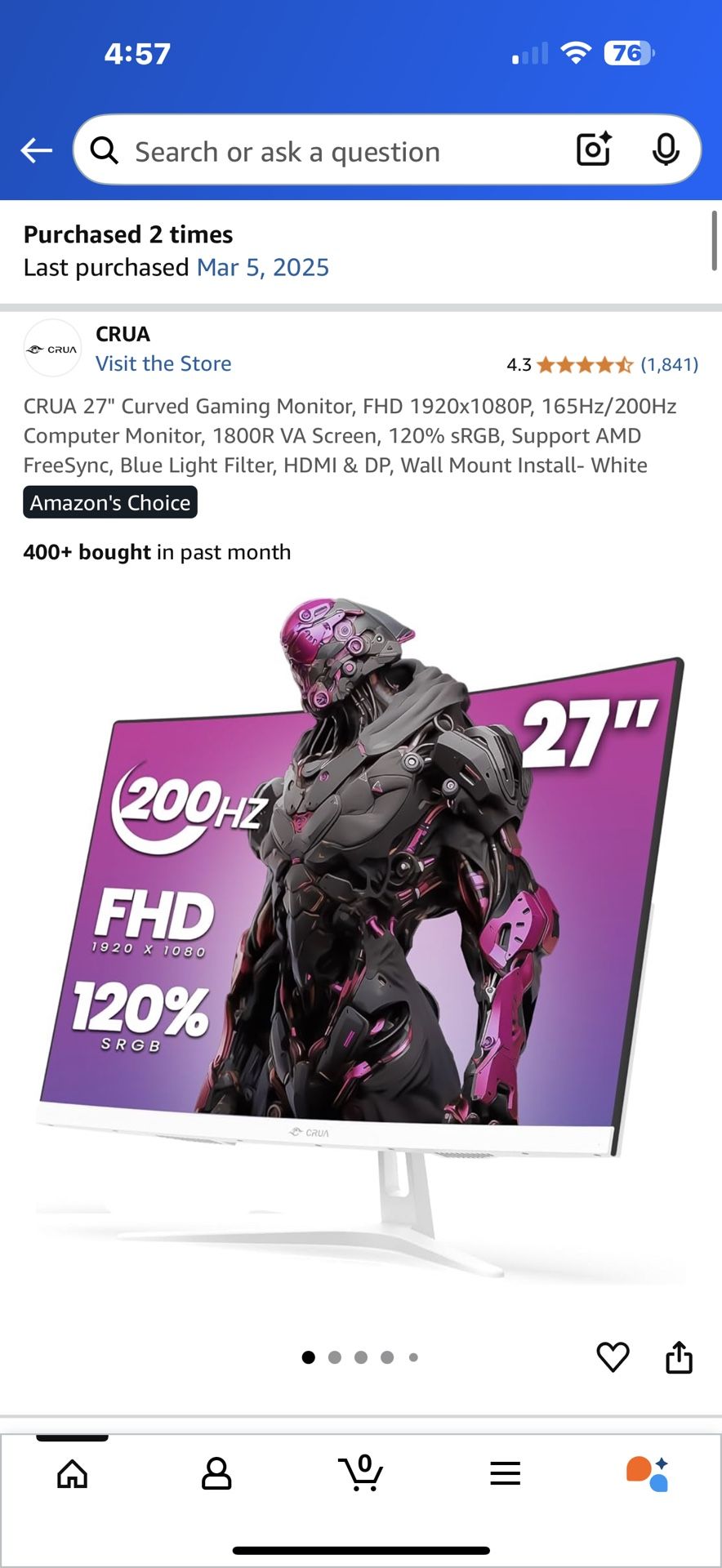 27” curved gaming (2) monitors 200hrtz