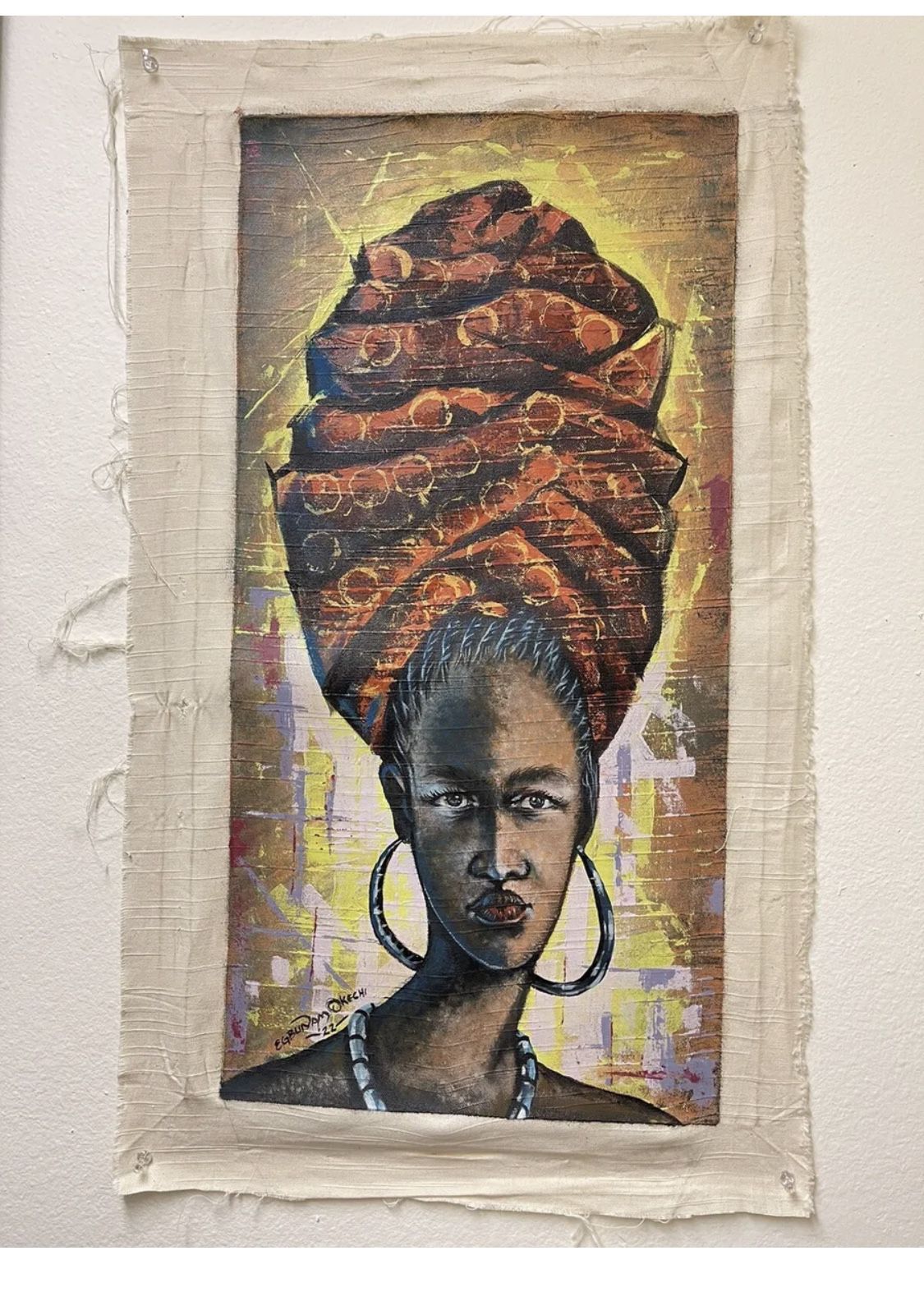 Black African Woman Head Gear&Ear Rings 2.13sq Feet 24”/12” Canvas Oil Painting