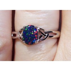 Size 6, 925 Sterling Silver Lab Created Black Opal Ring