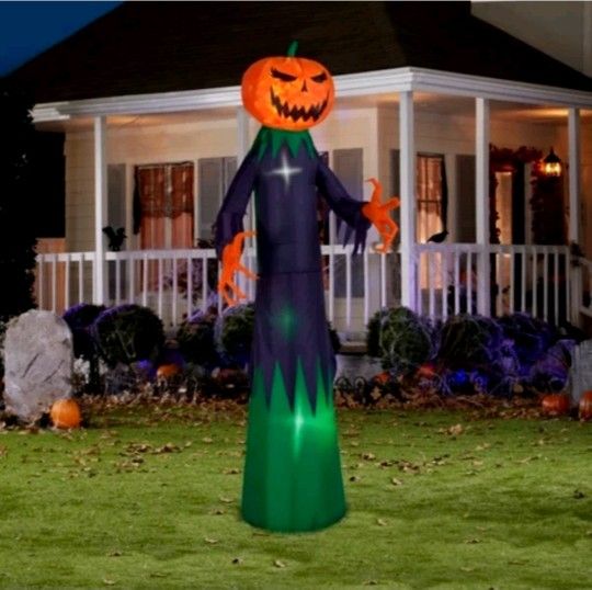 ✨️ $95 W4987 Gemmy Halloween 9 ft Inflatable LED Fire & Ice Pumpkin Reaper Swirling Light A38