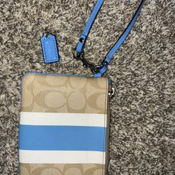 COACH Signature C with Blue/White Stripe Wristlet Wallet - Good Used Condition