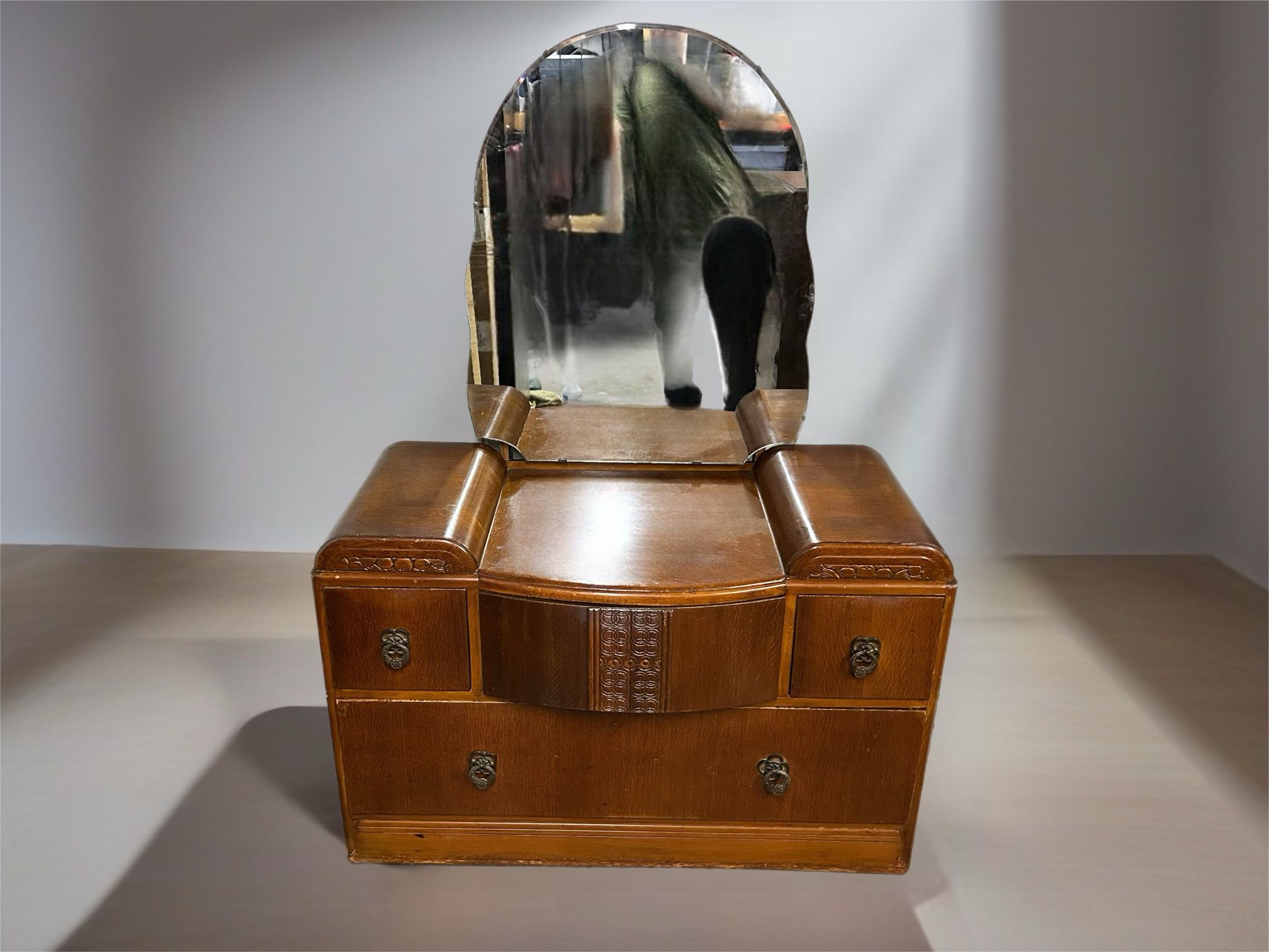 Vintage Art Deco Waterfall Vanity Dresser With Mirror