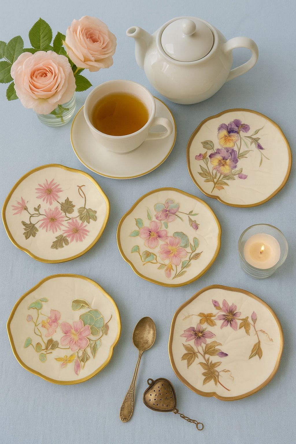 Carlsbad Austria Antique 1900s Set Of 6 Hand Painted Floral Dessert Plates, 7.5”