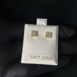Aretes Cuadrado De Diamantes De Oro 10k.