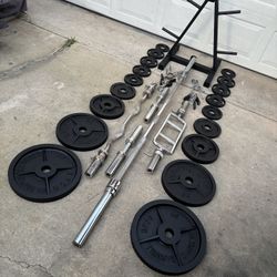 Olympic Weights, 7-ft Bar, Bench, EZ Curl Bar, Tricep Bar, Dumbbell Bars, Weight Holder Tree 