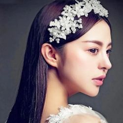 Fashion Wedding Hair Accessories Pearl Haedbands for Bride White Lace Crystal Floral Elegant Bridal Hair Jewelry