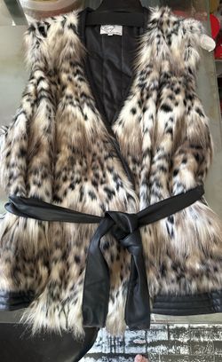 June Ambrose Snow Leopard Faux Fur Belted Vest