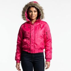 Vintage Wet Seal Hot Pink Y2K McBling Faux Fur Hooded Bomber Jacket L
