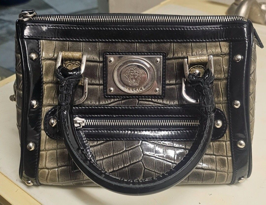 Vintage Versace Leather Grey Purse Handbag 
