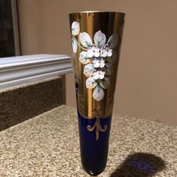 Six Vintage Cobalt Blue Czech/Bohemian Floral Enamel Gold Vine Glasses 