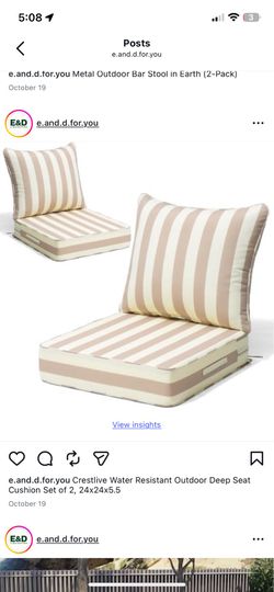 Crestlive Water Resistant Outdoor Deep Seat Cushion Set of 2, 24x24x5.5