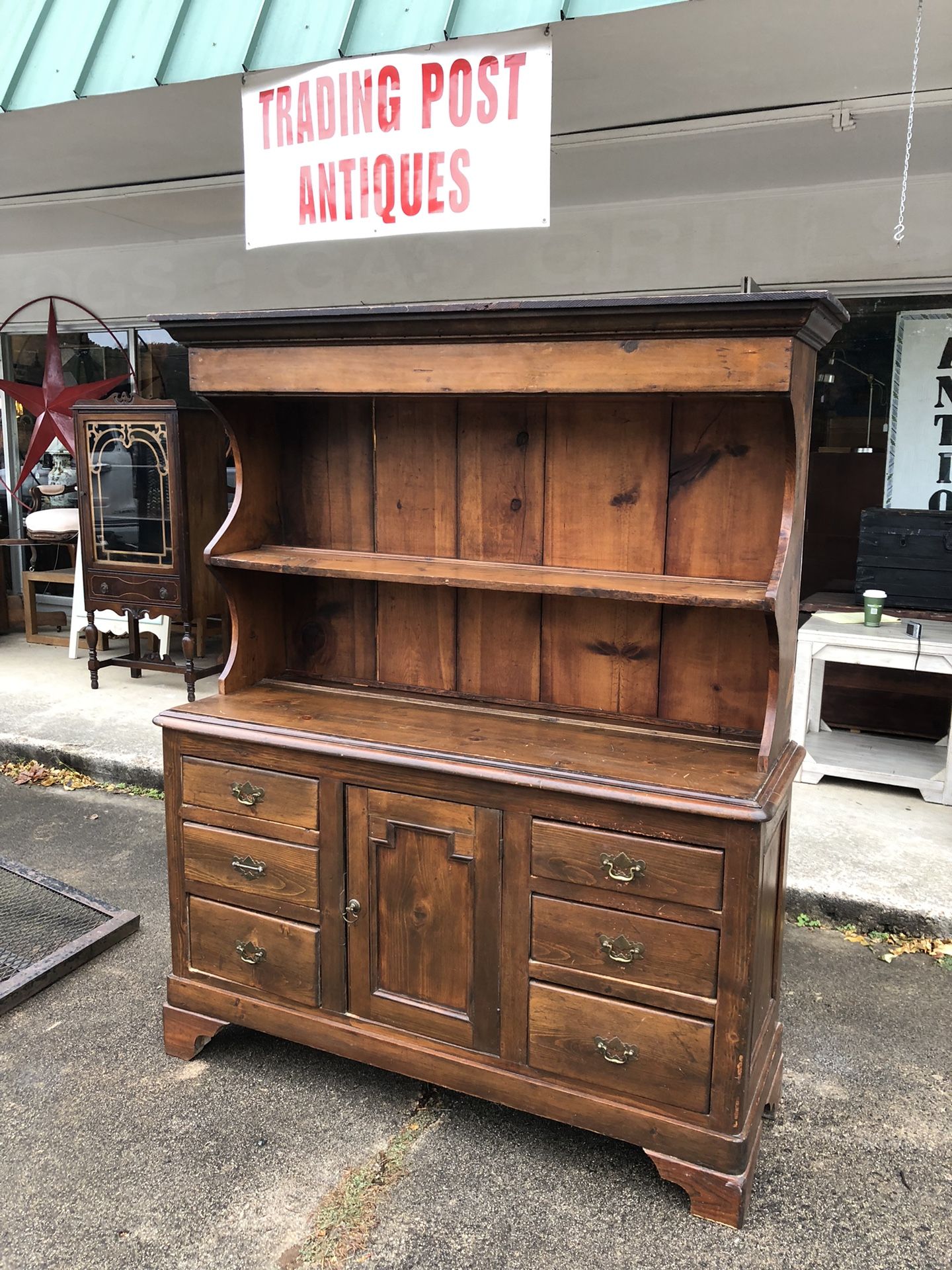 Lg. Pine Step back Cupboard Made Of Pine. Handmade With Dovetail Joints. 60 Wide By 70 Tall And 20 Deep. Comes In Two Pieces.