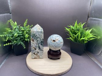 Hand Carved Druzy Moss Agate Sphere 399g 68mm & Tower 462g 5.7” Bundle including stand
