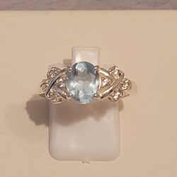 Silver CZ and Aquamarine Ring Size 8