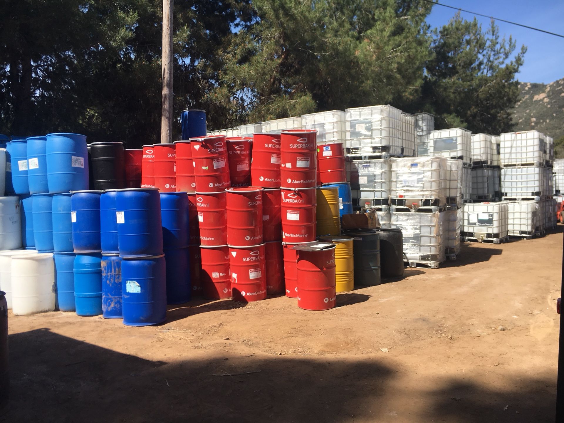 All different sizes and types of water storage containers and rain barrels