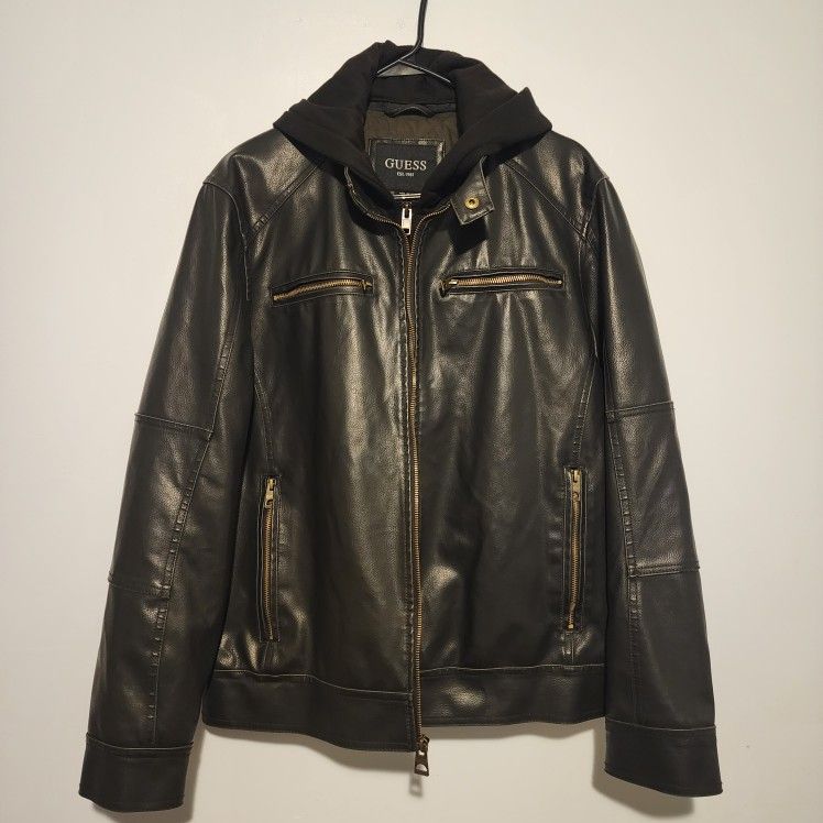 GUESS Leather-Style Jacket w/ Hoodie – M