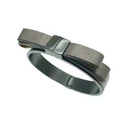 Vince Camuto Bow Hinged Bangle Bracelet, Gunmetal, Metallic Finish Brown Leather, Stackable, 80s Style Jewelry, Retro Vintage Jewelry Gift for Woman o