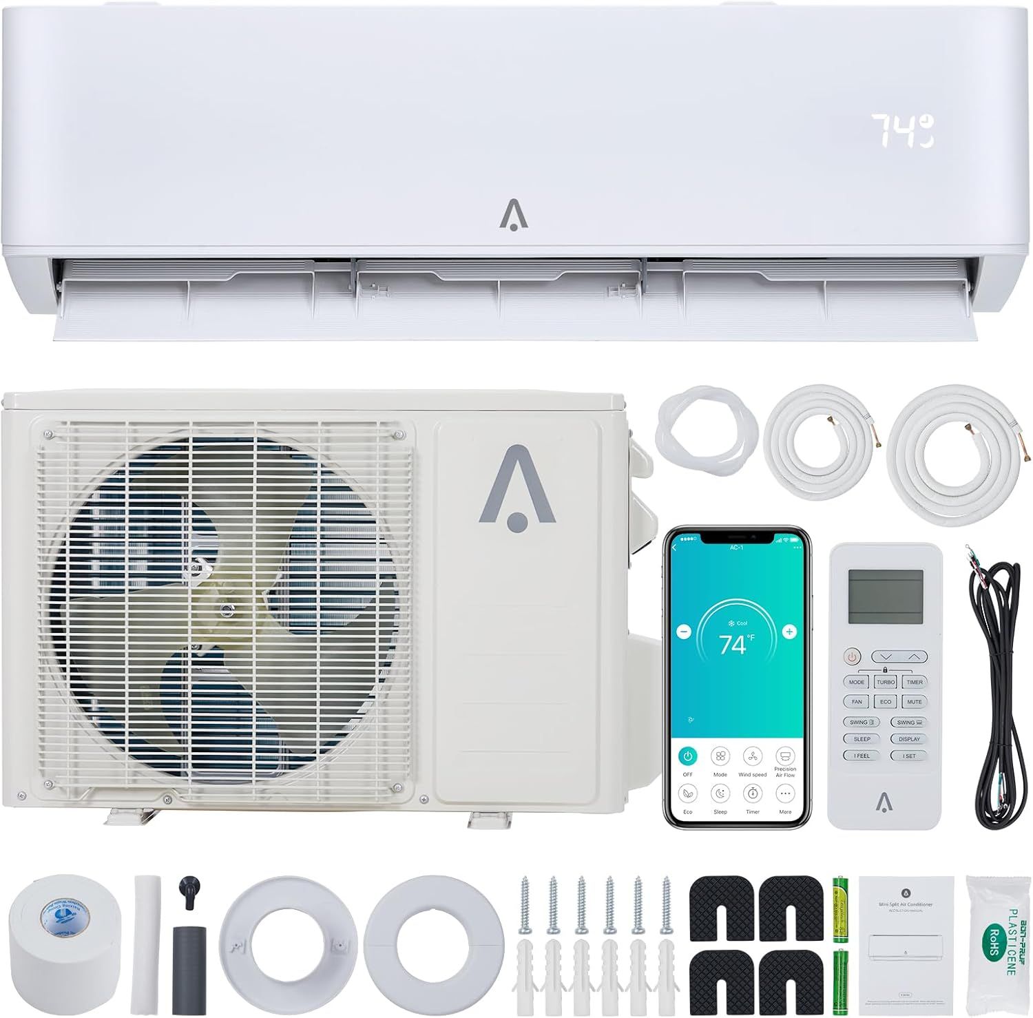 24,000 BTU Split-System Air Conditioner Inverter, Split AC/Heating System 23 SEER, Cools Room Up to 1500 Sq. Ft, Wall Mount Ductless Mini Split A/C He