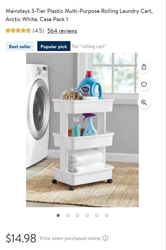 Mainstays 3-Tier Plastic Multi-Purpose Rolling Laundry Cart, Arctic White, Case Pack 1