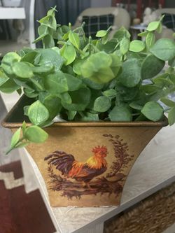 Vintage Metal Planters with Roosters Pictured on Each Side