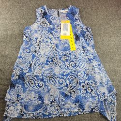 Fever Top Womens Smal Blue Mosaic Blue Sleeveless Keyhole Back Tooth Hem Tunic