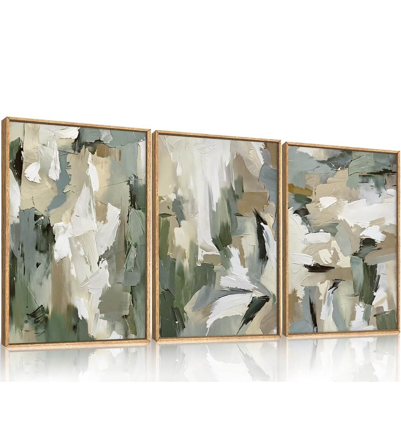Large Abstract Green Beige Framed Canvas Wall Art Set