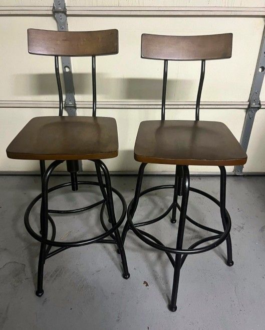 2 industrial wood metal stools