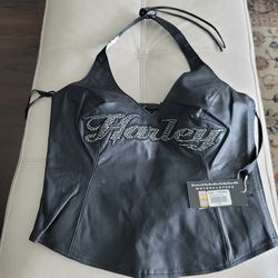 HARLEY-DAVIDSON WOMEN 'S LEATHER  HALTER TOP W/RHINESTONES  LOGO- NEW