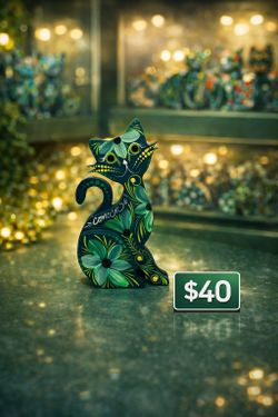Handmade Decorative Cat Sculpture – Green Floral Design